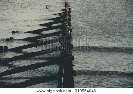 Dramatic Shot Of A Wooden Breakwater Found At Hornsea Beach, East Yorkshire, Uk.