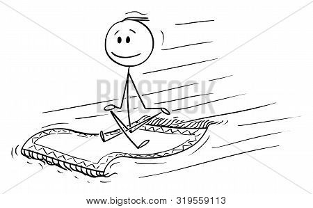 Vector Cartoon Stick Figure Drawing Conceptual Illustration Of Man Or Businessman Sitting On Flying 