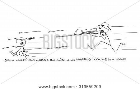 Vector Cartoon Stick Figure Drawing Conceptual Illustration Of Man With Rifle Or Hunter Running Or C