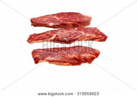 Steak Bottom Sirloin Flap Meat (bavet) Of Marbled Beef On A White Background
