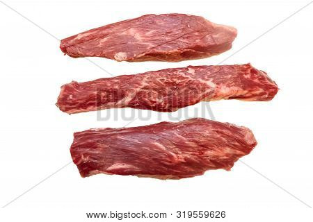Steak Bottom Sirloin Flap Meat (bavet) Of Marbled Beef On A White Background