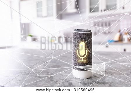 Smart Wireless Speaker With Voice Recognition On Kitchen Counter
