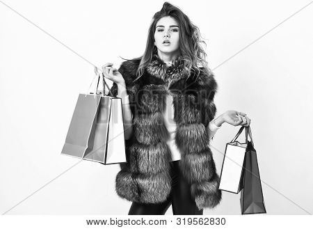 Girl Makeup Furry Coat Shopping White Background. Shopping Or Birthday Gifts. Woman Shopping Luxury 
