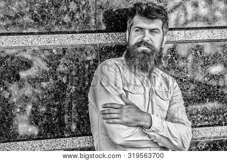 Guy Masculine Appearance With Long Beard. Barber Concept. Beard Grooming. Beard Care. Man Attractive
