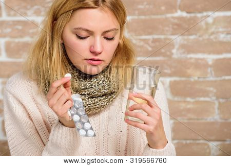 Headache And Fever Remedies. Pills For Breaking Fever. Take Medications To Reduce Fever. Woman Tousl