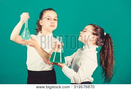 Children Study Chemistry Lab. Back To School. Biology Education. Little Smart Girls With Testing Fla