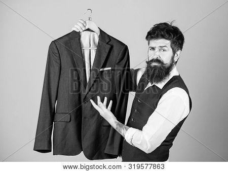 Tailored Suit Concept. Fashion For Business People. Custom Made Suit. Man Bearded Fashion Couturier 