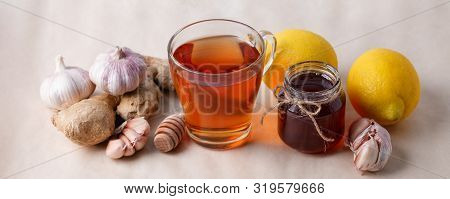 Hot Drink With Honey, Lemon And Ginger For Cough Remedy, Seasonal Autumn Winter Alternative Medicine