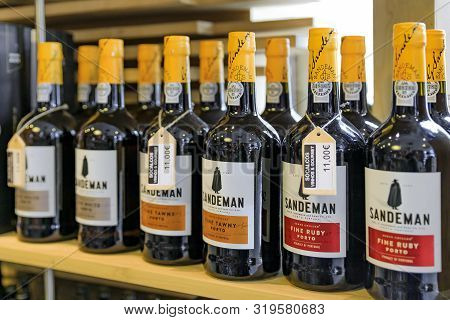 Porto, Portugal - May 30, 2018: Bottles Of Traditional Port Wine From A Famous Producer Sandeman On 