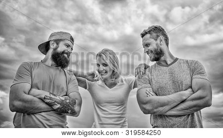 Trust And Support Attributes Of True Team. United By Idea. Woman And Men Look Confident While Stay C