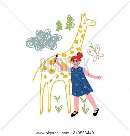 Cute Girl Painting Giraffe On Wall With Color Paints And Brush Vector Illustration