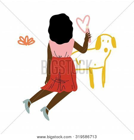 Cute Kneeling African American Girl Drawing Dog On Wall With Color Pencils, View From Behind Vector 
