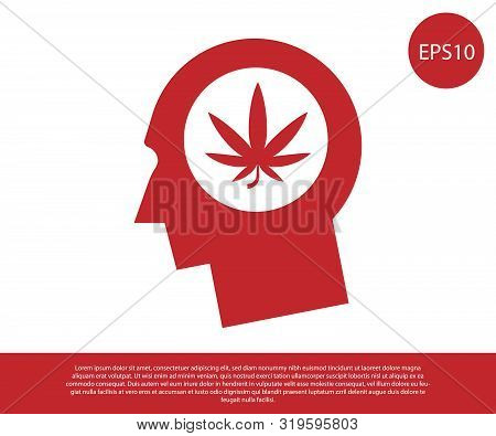 Red Silhouette Of Male Head In Profile With Marijuana Or Cannabis Leaf Icon Isolated On White Backgr
