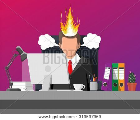 Stressed Businessman On Workplace Tired To Work On Computer. Business Man Head In Fire. Deadline, La