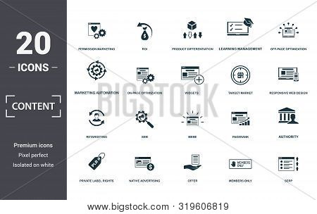 Content Icon Set. Contain Filled Flat Members Only, Native Advertising, Off-page Optimization, Pager