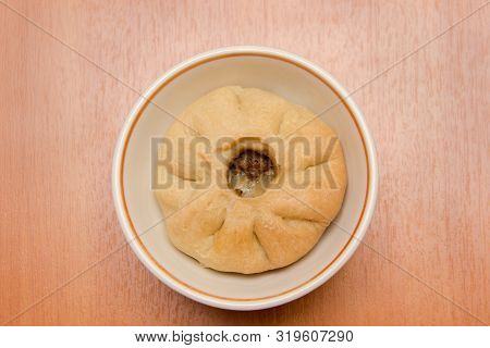 Vak Belyash - Bashkir National Cuisine, Homemade Meat Pies In White Bowl Over Wooden Background