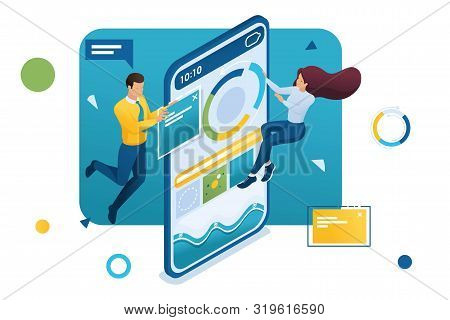 Young Businessmen Collect Data On The Internet. Concept Of Data Collection. 3d Isometric Concept For
