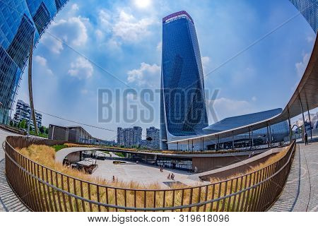 Milan, Italy - June 29, 2019: Citylife Shopping District Complex And Generali Tower, Financial Insur