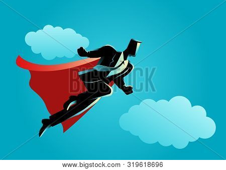 Business Concept Illustration Of Super Businessman Flying On Clouds, Super Worker, Success Concept