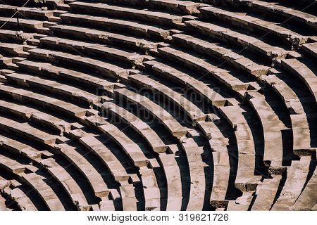 Steps In The Old Theater. Ancient Turkish City. Side, Turkey. Remnants Of The Past. Antique Theater.