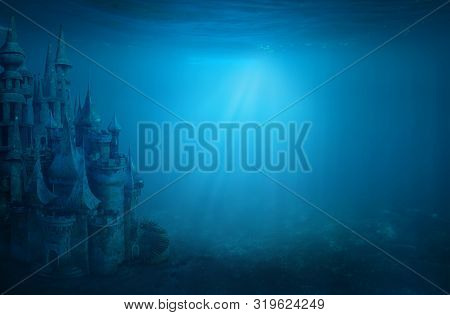 Old Ruin Castle Under The Sea. Atlantis Theme Concept.