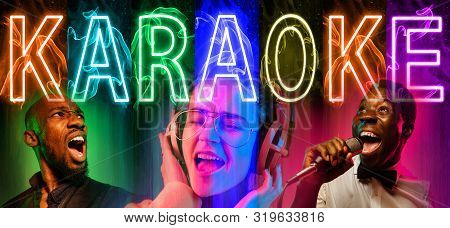 African-american And Caucasian Jazz Musicians Singing A Song On Gradient Colorful Background. Concep