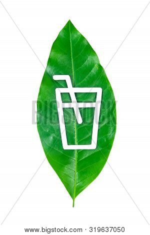 Glass Ans Straw Made From Paper Cut Out On Leaf Green Tree Isolated On White Background, Save Clippi