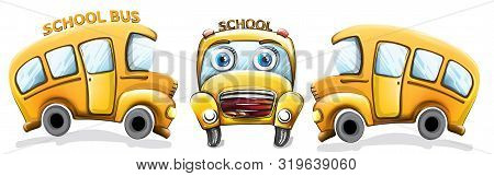School Bus Funny Cartoon Vector. Happy Smilling Back To School Concepts Set