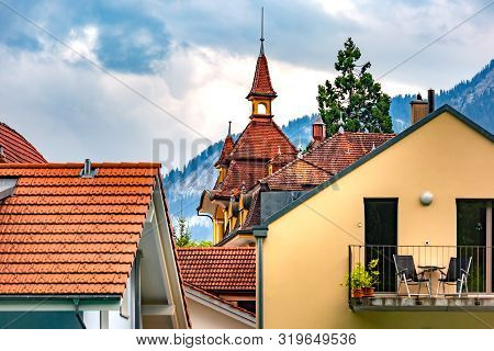 Traditional Swiss House With Fairytale Wood Turret And Spire In Interlaken, Important Tourist Center