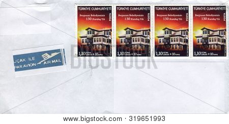 GOMEL, BELARUS - AUGUST 29, 2019: Old envelope which was dispatched from Turkey to Gomel, Belarus, August 29, 2019.