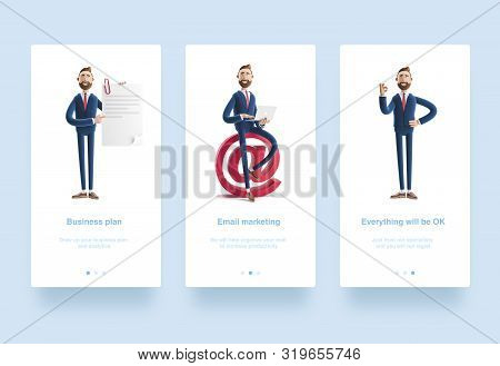 Illustration Set. Handsome Cartoon Character Billy Holds A Completed Document. 3d Illustration. Cart