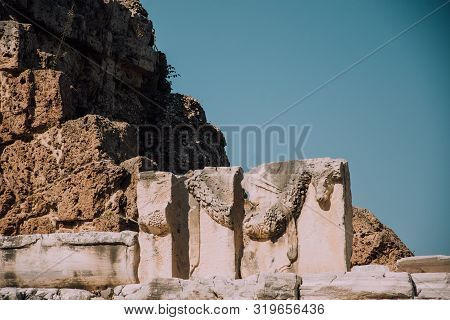 Bas-relief In The Amphitheater Of Turkey. The Antique City. Excavations. Turkey, Side. Tour Of Turke