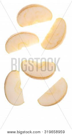 Yellow Apple Sliced Falling Down (chantecler, Chanteclerc, Malus Domestica). Variety Mix Of Golden D
