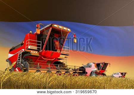 Agricultural Combine Harvester Working On Rural Field With Donetsk Peoples Republic Flag Background,