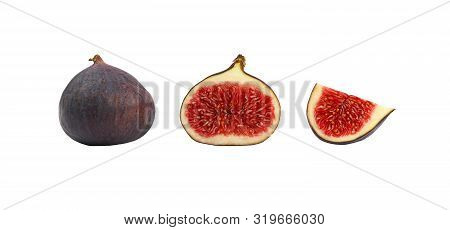 Close Up One Whole Fresh Ripe Fig Fruit With Cut Half And Quarter Slice Isolated On White Background