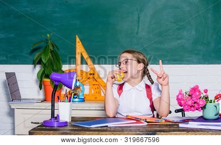 Rich Vitamins. Back To School. Einstein. Small Genius Child In Classroom. Lunch Time. Healthy Eating