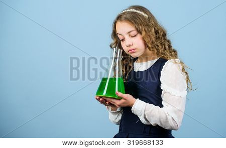 Small Girl Scientist With Testing Flask. Child Study Bilogy Lesson. Discover Future. Science Researc