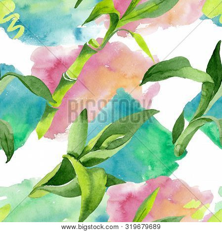 Bamboo Green Leaves. Watercolor Background Illustration Set. Seamless Background Pattern.