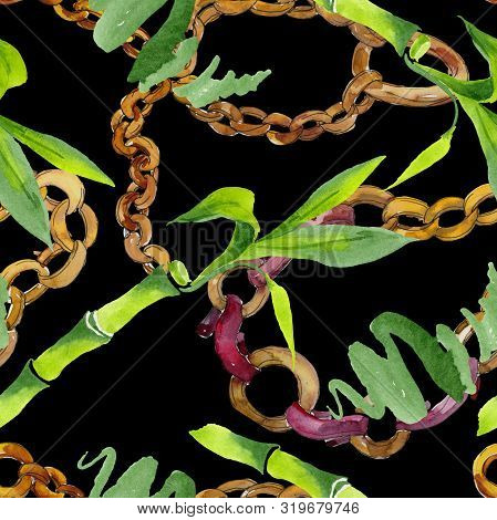 Bamboo Green Leaves. Watercolor Background Illustration Set. Seamless Background Pattern.
