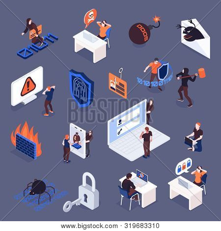 Cyber Security And Internet Crimes Isometric Icons Set 3d Isolated Vector Illustration