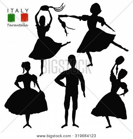 National Costume Dancing Black Silhouette An Italian Tarantella With A Tambourine On White Backgroun