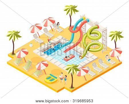 Aquapark Isometric Concept With Entertainment Sunbathing And Swimming Symbols Vector Illustration
