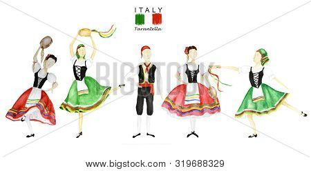 Dancers In National Costume An Italian Tarantella With A Tambourine On White Background. Set Of Woma