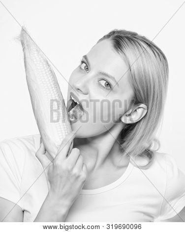 Agriculture And Cultivation. Happy Woman Eating Corn. Vegetable Harvest. Corn Crop. Vitamin And Diet