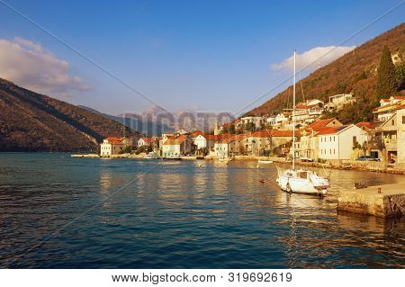 Beautiful Mediterranean Landscape. Montenegro, Adriatic Sea, View Of Bay Of Kotor And Lepetane Villa