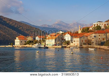 Beautiful Mediterranean Landscape. Montenegro, Adriatic Sea, View Of Bay Of Kotor And Lepetane Villa