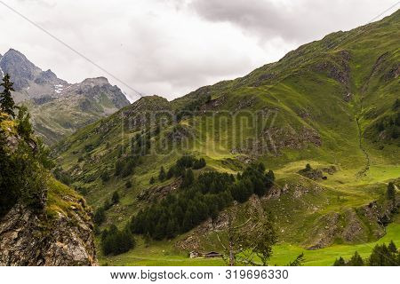 Photo Of Passo Rombo On A Gloomy Day In August With River Meadows, Pines, Pebbles And Breathtaking V