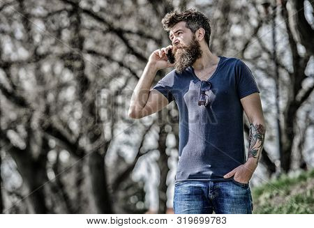 Man With Beard Calling. Bearded Man Call Cell Phone. Communication Concept. Try Call Later. Redirect