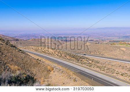 Highway And Plains Seen From The Manastash Vista Point Viewpoint Near Yakima, Washington, Usa