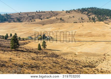 Landscape Of The Plain In Hidden Valley With Yellowish Soil And Some Trees And Ranches In Cle Elum, 